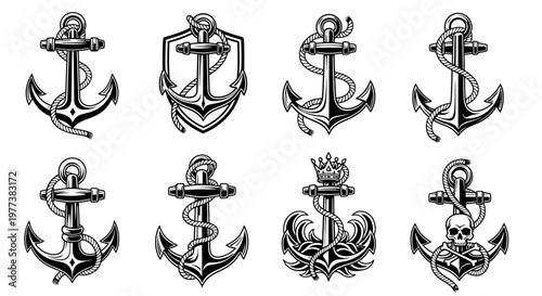 Nautical anchor icons, vector anchor symbols, marine anchors, 8 emblems