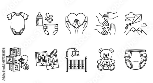Baby care, nursery icons, 10 symbols, line style, black and white, vector graphics, parenting, childcare, infancy, illustration set