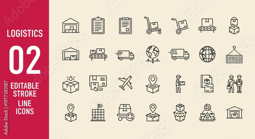 Logistics icons, editable stroke line icons, transportation symbols, business vector graphics