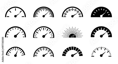 Speedometer, gauge, meter icons, dashboard, speed, vector graphics