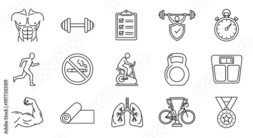Fitness icons, workout symbols, exercise signs, 16 line art graphics