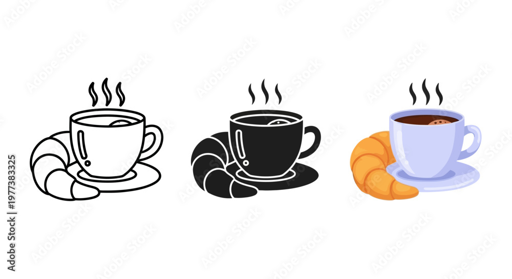 Obraz premium Coffee Cup Icons, Vector Croissant Illustrations, Breakfast Symbols, Food and Drink Graphics
