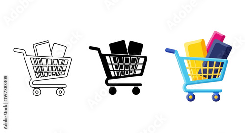 Shopping cart icons, e-commerce symbols, retail illustrations, colorful carts