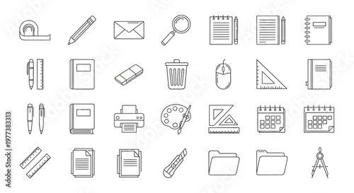 Office supplies, stationery icons, 25 line art elements, business tools, desk accessories