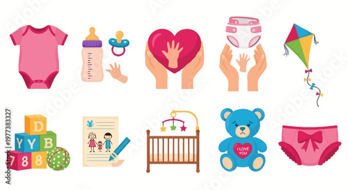 Baby care, nursery icons, vector illustrations, parenting symbols, childcare elements