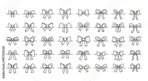 Ribbon bow icons, bowtie graphics, gift bow illustrations, 30 line art bow designs