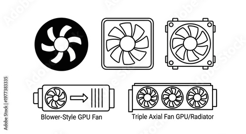 Computer cooling fans, GPU radiator illustrations, Blower Style GPU Fan, Triple Axial Fan GPU