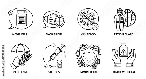 Medical icons, virus protection symbols, health care signs, safety emblems, 8 elements