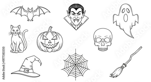 Halloween icons, spooky symbols, black and white illustrations, 8 vector graphics