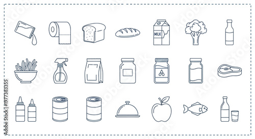 Food and drink icons, 20 line style illustrations, grocery and meal symbols, edible and beverage graphics