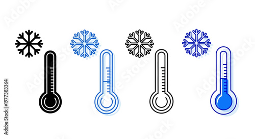 Weather icons, temperature thermometers, snowflakes, cold climate symbols, vector graphics