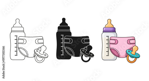 Baby bottle, pacifier icons, vector illustrations, nursery symbols, colorful baby care