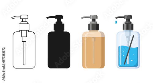 Hand sanitizer bottles, pump dispensers, liquid soap containers, hygiene products