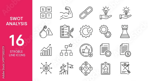 SWOT analysis, business strategy icons, 16 stroke line icons, vector graphics