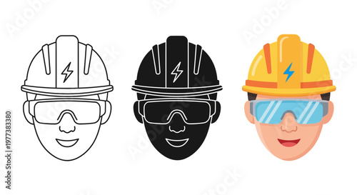Construction worker icons, hard hat avatars, safety helmet illustrations, industrial worker faces