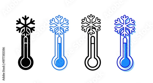 Weather icons, snowflake thermometer symbols, temperature graphics, frosty climate signs, vector graphics