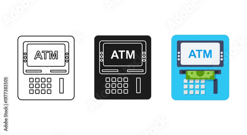 ATM machine icons in various styles, including outline, solid, and colorful versions, symbolizing banking and financial services