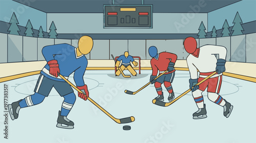 Cartoon illustration of an ice hockey game with players and a goalie on a rink