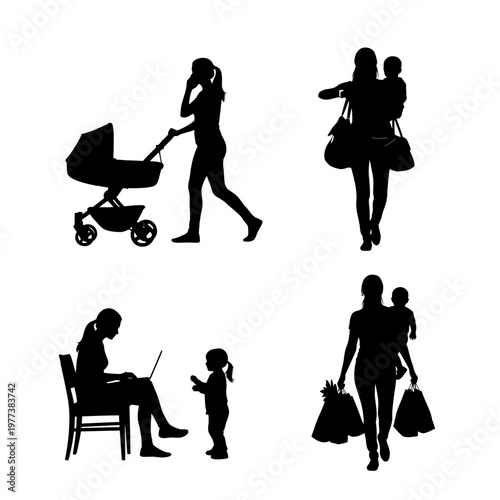 A set of black silhouette illustrations depicting a busy mother with her children