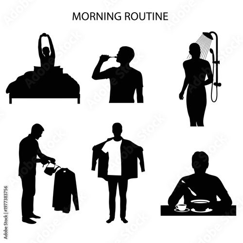 A vector graphic illustration of a morning routine with six silhouetted scenes of daily activities