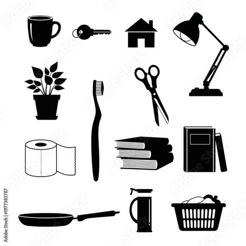 Tableau sur toile A collection of black silhouette icons representing everyday household and offic