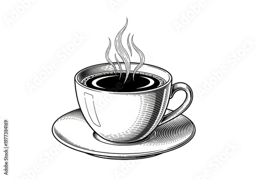 Vintage engraving illustration of a white ceramic coffee mug full of intensely black coffee with stylized steam, isolated on a white background. Concept for premium coffee advertisement