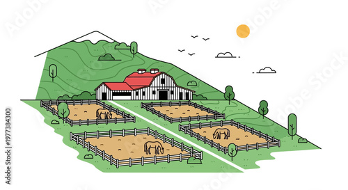 Stylized Farm Scene with Barn, Horses, and Fenced Pastures, Vector Illustration.