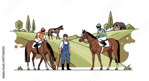 Brown Horses with Jockeys and Trainer on Green Field Illustration