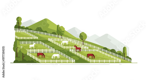 Flat Vector Illustration of Horses Grazing in Pastures on a Hillside