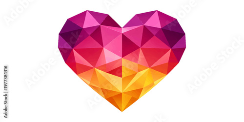 A vibrant, low-poly heart graphic in shades of pink, purple, and orange, a striking visual representation of love and affection.