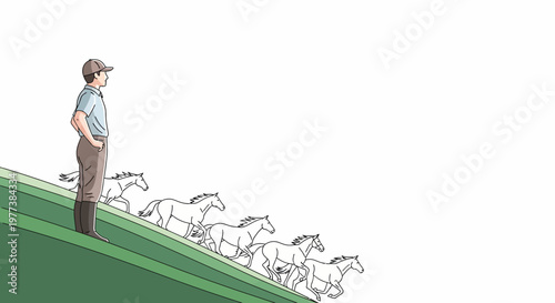 Man Watching Horses Run Down a Green Hillside, Cartoon Style