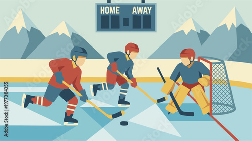 Flat design illustration of an ice hockey game with players and goalie