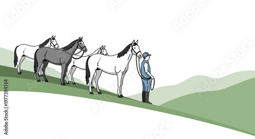 Line of Horses with a Trainer on a Green Hillside, Simple Illustration
