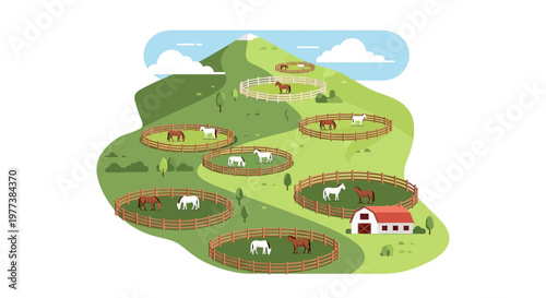 Cartoon Horses Grazing in Wooden Fenced Pastures on Green Hillside