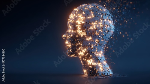Digital Art Representation of Human Head Forming from Puzzle Pieces with Light Elements and Fragmenting Effect on Dark Background