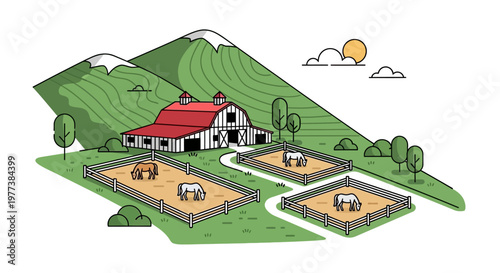 Stylized Farm Scene with Horses Grazing in Paddock Fields