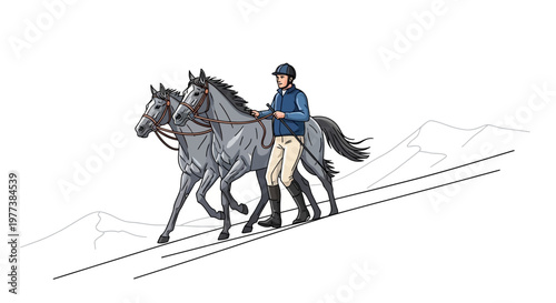 Two Grey Horses and Rider Walking Uphill, Cartoon Illustration Style