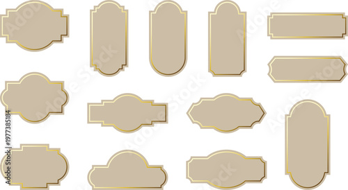 Premium vintage label set with classic decorative shapes. Blank frame templates for heritage and artisanal luxury product packaging and branding. Vector illustration in beige and gold metallic colors.