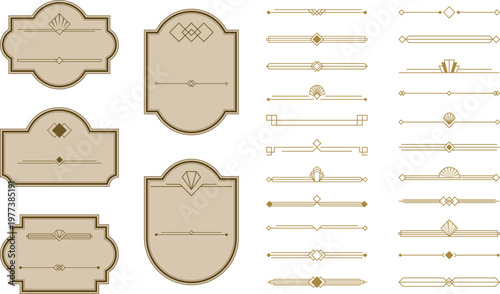 Classic label collection with refined geometric ornaments and borders in art deco style. Elegant vintage frames and ornamental dividers for luxury packaging, branding and premium product