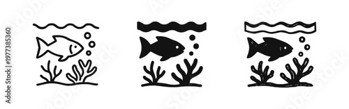 Underwater life icons with fish, coral, and bubbles in outline, silhouette, and hand-drawn sketch styles.