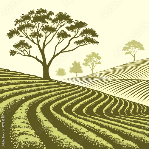 A serene landscape illustration depicts rolling hills with cultivated fields and several trees showcasing a peaceful rural scene high quality professional detailed