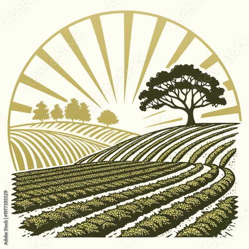 A vintage style illustration portrays a serene landscape with rolling hills a solitary tree and a radiant golden sun high quality professional