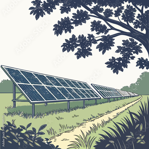 A row of sleek dark blue solar panels stretches across a grassy field under lush foliage showcasing renewable energy high quality professional