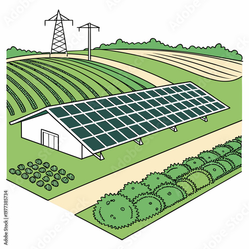 A vibrant illustration depicts a rural landscape featuring solar panels on a barn roof power lines and cultivated fields high quality professional