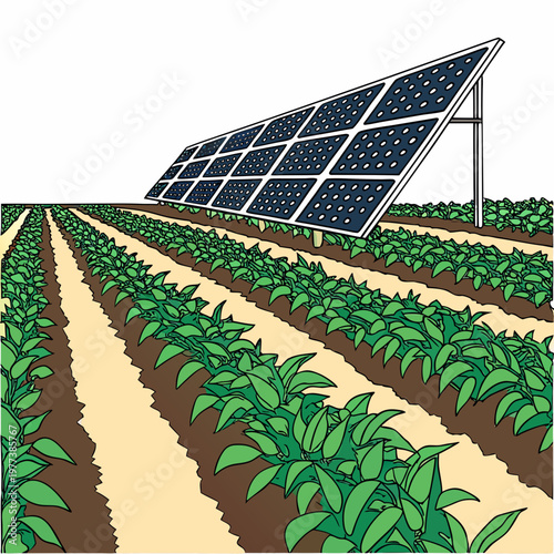 An illustration depicts a solar panel installation situated above a lush green agricultural field with rows of crops high quality professional detailed