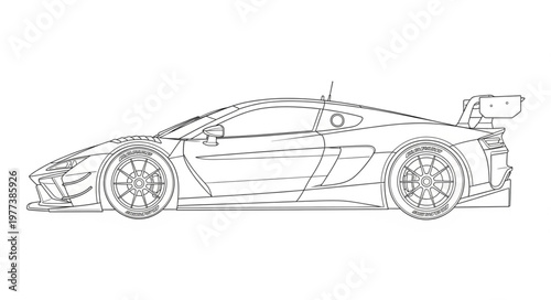 Detailed outline drawing of a modern sports car side view.