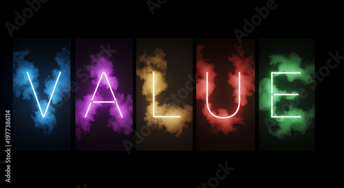 Vibrant neon text 'VALUE' illuminated against a smoky backdrop, symbolizing importance and significance