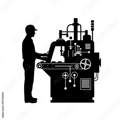 A silhouette of an assembly worker operates a large machine in a factory setting.