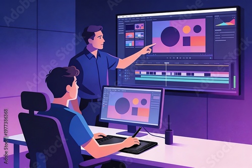 Generative Ai digital artists collaborating on graphic design project in a modern studio