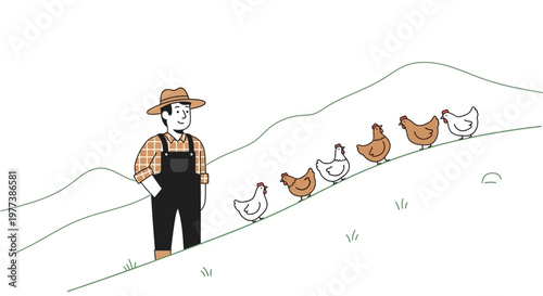 Cartoon Farmer and Chickens Walking Uphill on Green Slope